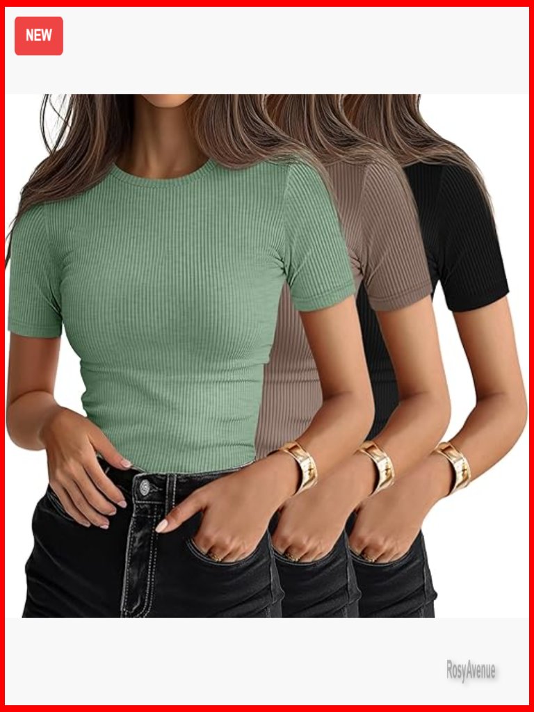 3 Pack Women's Ribbed T-Shirts Cotton Short Sleeve Crewneck Fitted Tops Casual